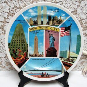 Vintage NEW YORK CITY Souvenir PLATE Plastic Rockefeller Center WTC Scenes